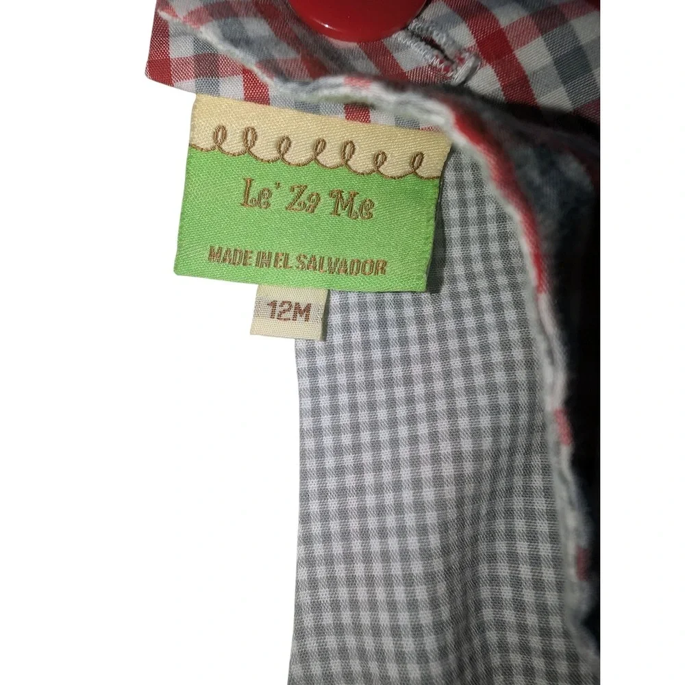 Le' Za Me Baby Boys Red Gingham Raccoon Applique Longall Romper Smocked 12M
